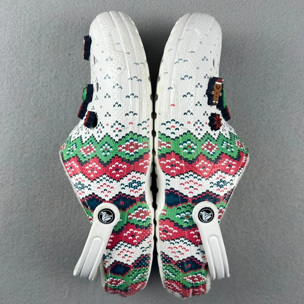Crocs Classic Lined Clog Mens 13 White Fair Isle Holiday Christmas Pixel Jibbitz